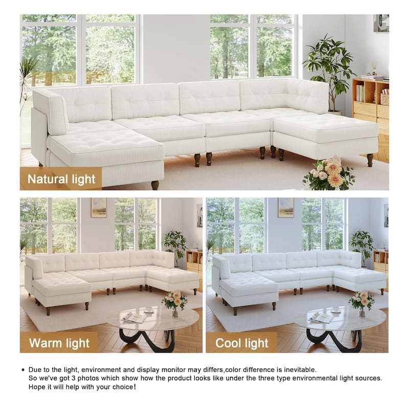 130"W Corduroy Upholstered Modular Sectional Sofa with Storage Ottoman
