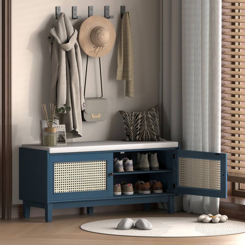 Boho Rattan Shoe Storage with Washable Cushion & Adjustable Shelves by Harper&Bright Designs
