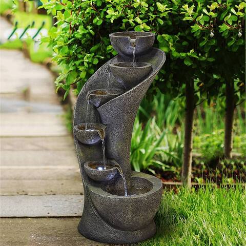 Modern Curved Outdoor Water Fountain, 5-Tier Fountain with LED Light