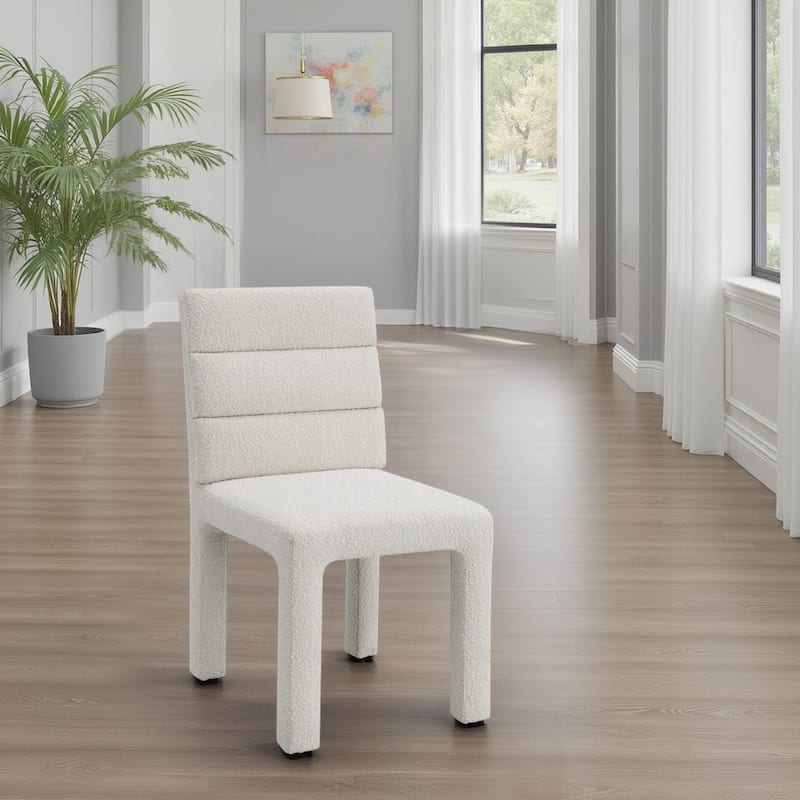 Side Dining Chair Set of 2, Plush White Boucle Seat, Tufted Backrest