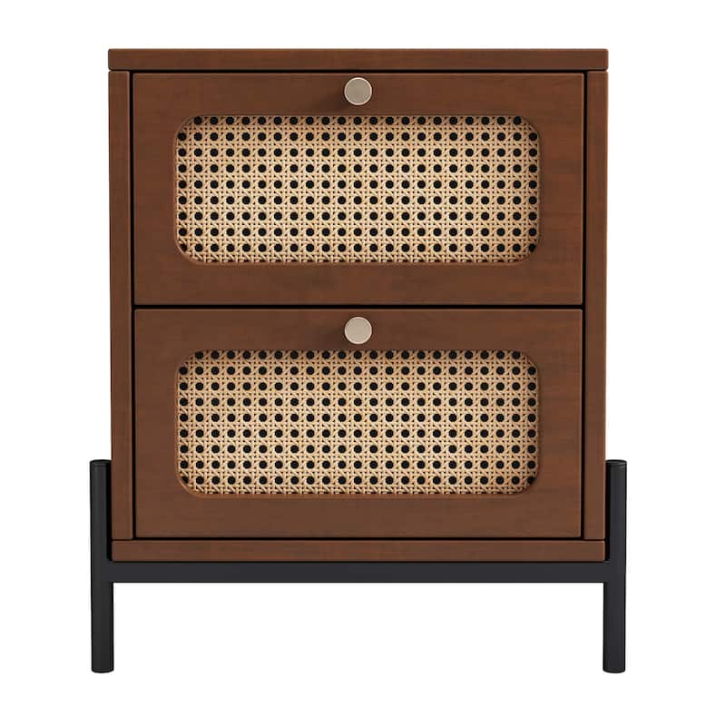Modern Cannage Rattan Wood Closet 2-Drawer Side Table End Table Nightstand