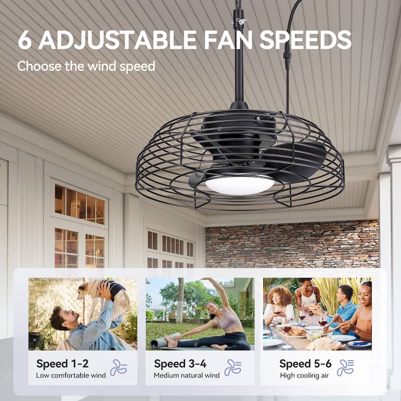 19" Industrial Black Indoor/Outdoor Chandelier Caged Ceiling Fan with Light and Remote