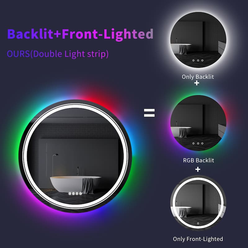 RGB Color Changing Front Back light Mirror Shatterproof Dimmable Anti-Fog Vanity Mirror ambient lighting