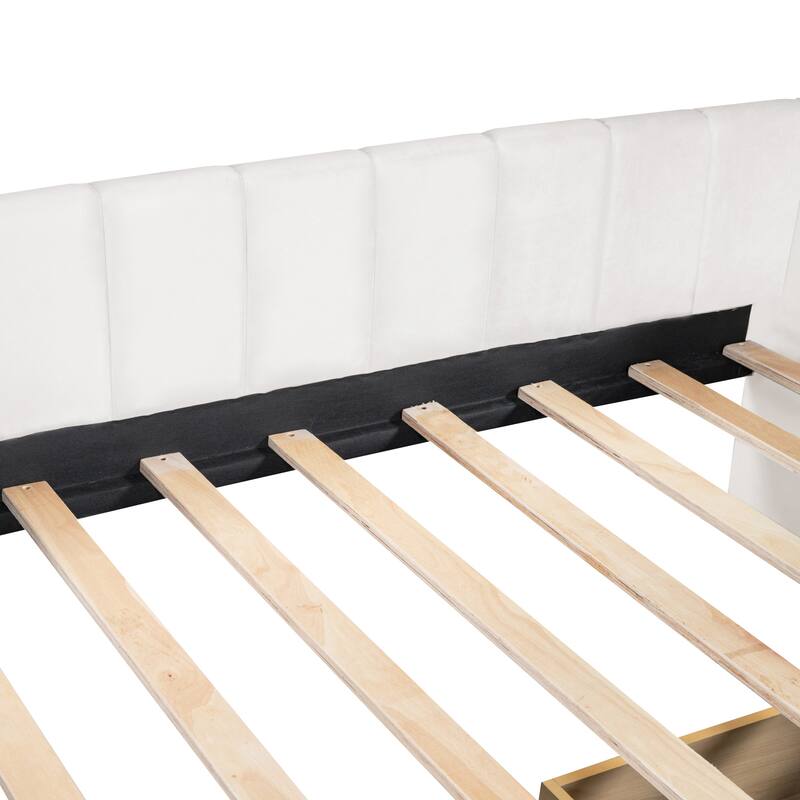 Twin Upholstered Daybed with 2 Drawers for Storage, Ergonomic Backrest, and Stripe Headboard, Perfect for Small Spaces