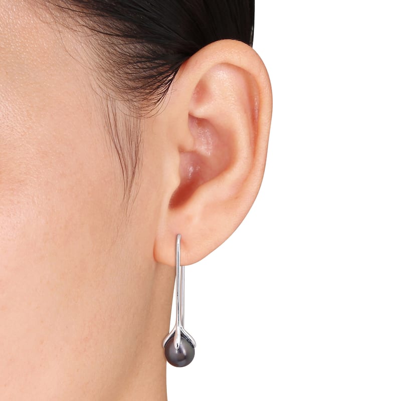 Miadora 10-11mm Black Tahitian Cultured Pearl Hook Earrings Sterling Silver
