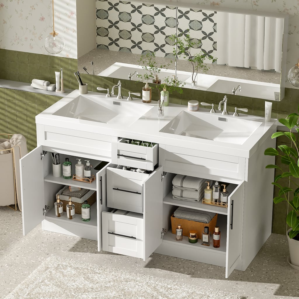 59.3" Double Sink Bathroom Vanity with SMC Top, White Painted MDF Cabinet with Solid Wood Frame, Soft Close Doors