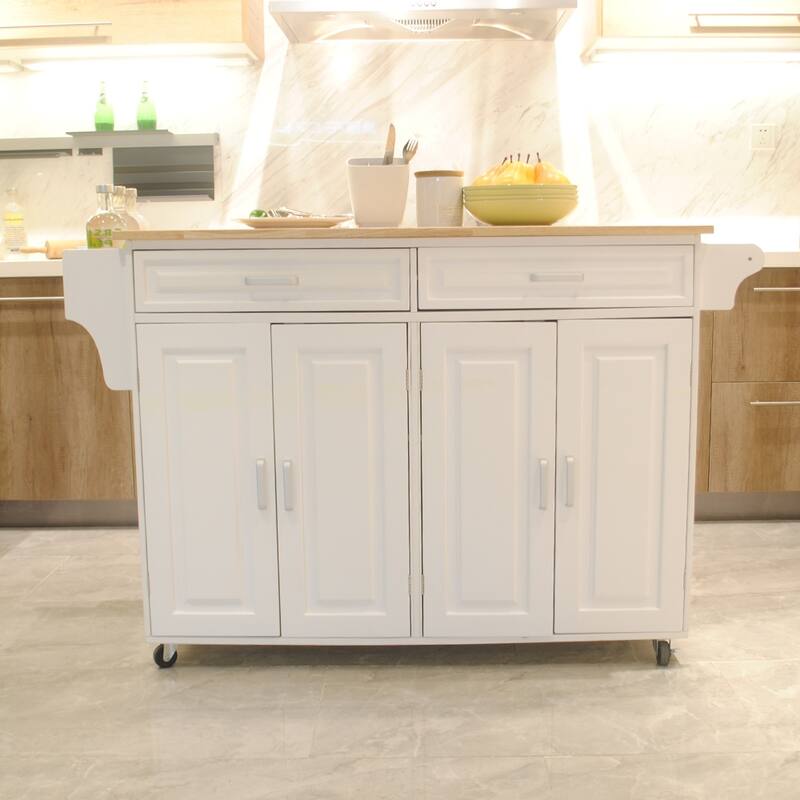 Kitchen Island & Kitchen Cart, Mobile Kitchen Island, Rubber Wood Top, Big & Adjustable Shelf Inside Cabinet - White