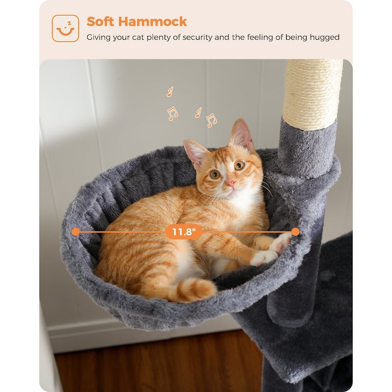 Cat Tree with Large Top Perch, Plush Hammock, 2 Condos, Dangling Pompom & Cat Scratching Posts