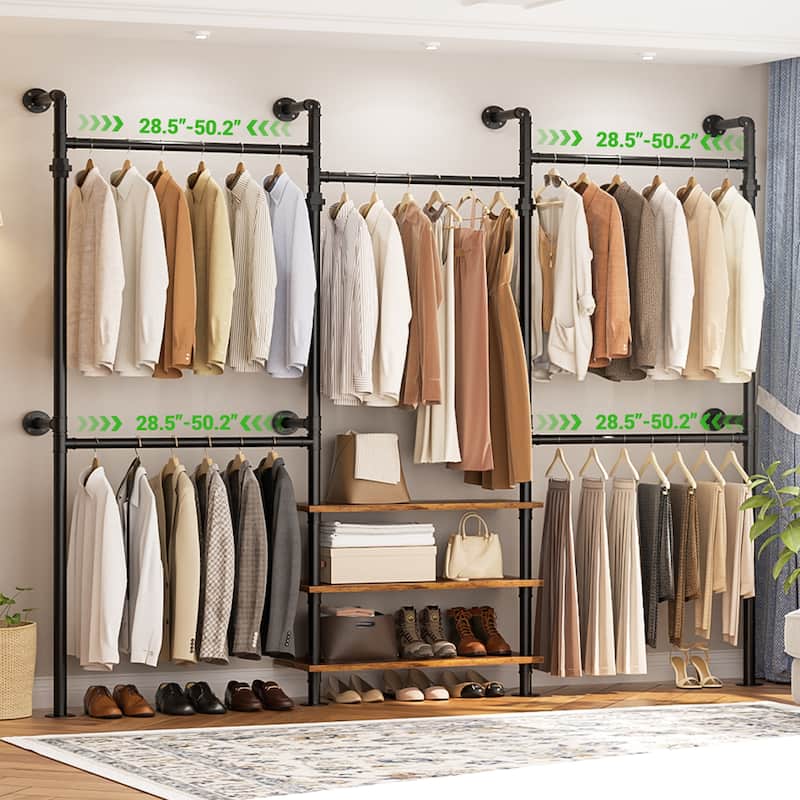 Industrial Pipe Garment Rack with Expandable Hanging Rods and Shelves,Reversible Walk-in Closet Organizer System Clothing Rack - Rustic Brown