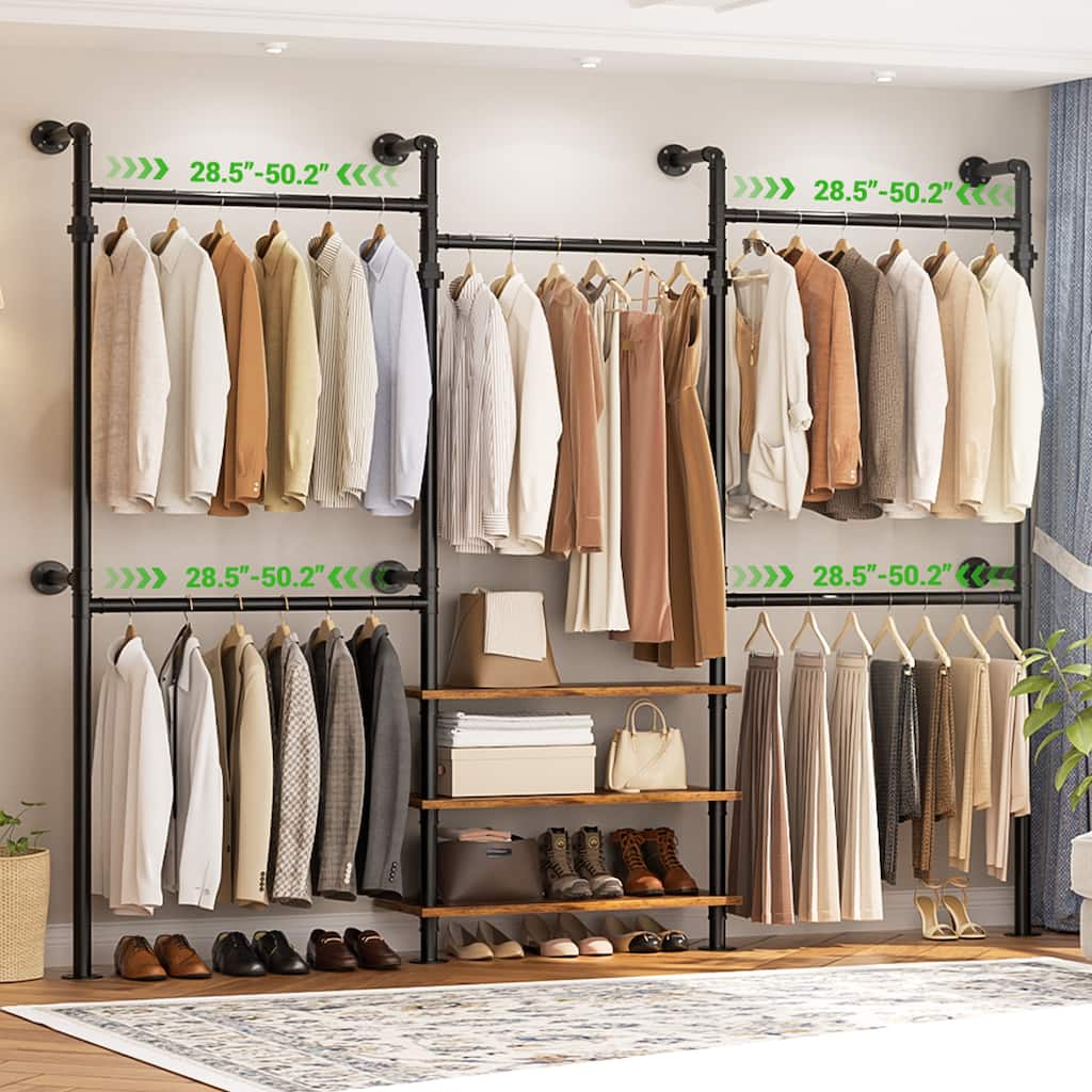 Industrial Pipe Garment Rack with Expandable Hanging Rods and Shelves,Reversible Walk-in Closet Organizer System Clothing Rack