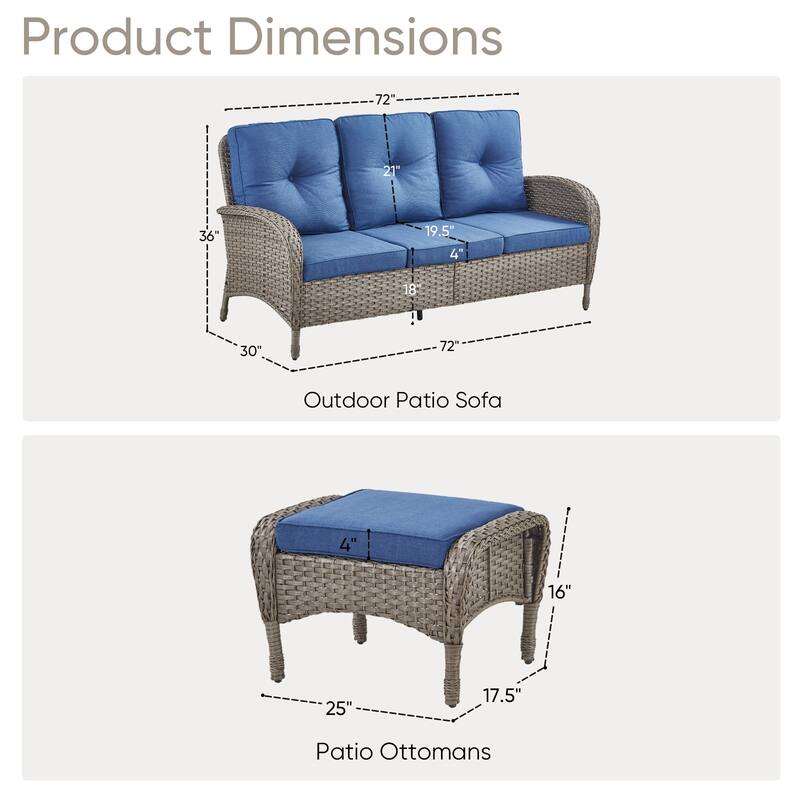 Outdoor Patio 3-Seat Sofa with Rattan Footstool
