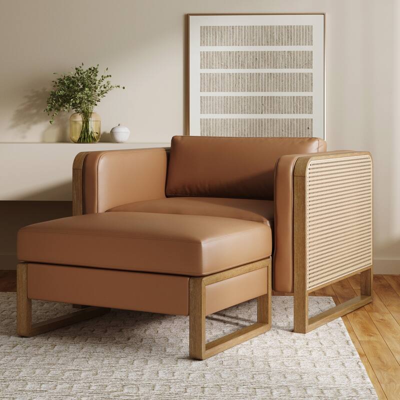 Madison Modern Upholstered Modular Sofa or Couch for Living Room with Solid Wood Legs - Armchair + Ottoman - Camel/Light Brown/Rattan
