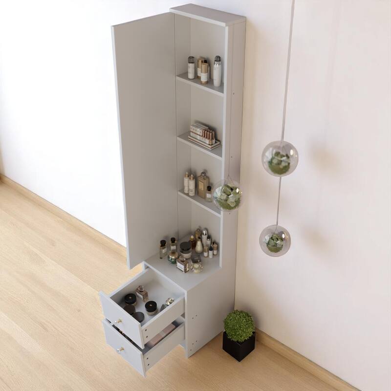 Simple Standing Mirror Cabinet with Storage Shelves, 63" Full-Length Mirror for Bedroom or Vanity Setup