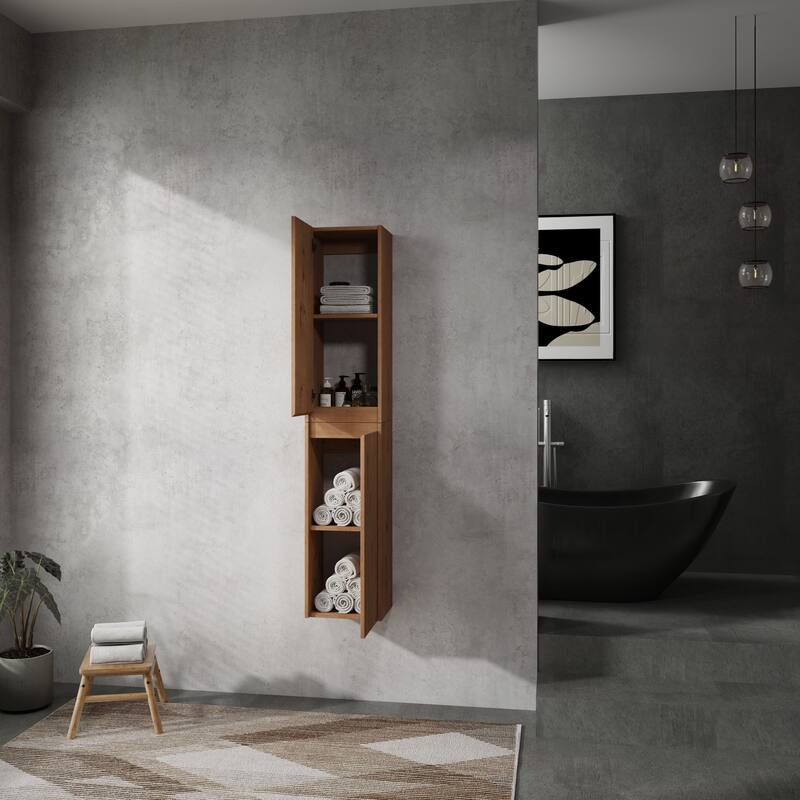 Modern Wall-Mounted Bathroom Side Cabinet with Soft-Close Doors, Floating Design, 6 Storage Compartments, 12-Inch Width