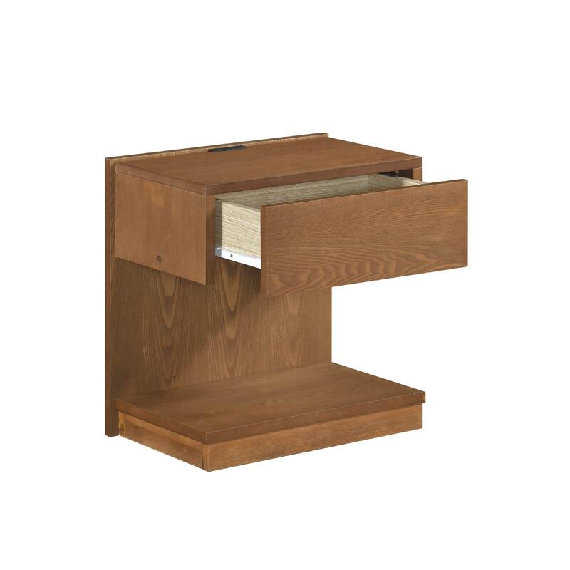 C Shaped End Table, 1 Drawer USB Port, 18 Inch, Wire Brush Brown Wood
