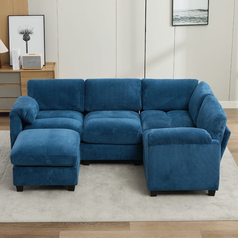 5-Seater Corduroy Sectional Sofa, Removable Ottoman, Modular Design