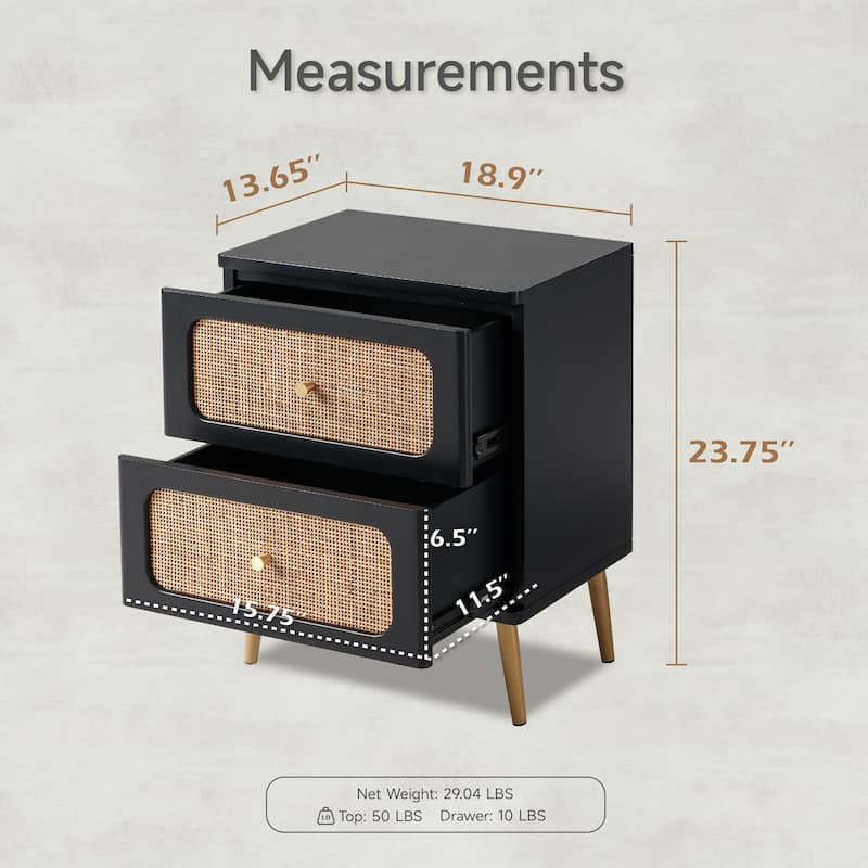 COZAYH Farmhouse Wicker Rattan Nightstand, Boho Mid-Century Coastal Wooden Bedside Table, Wooden Storage Cabinet