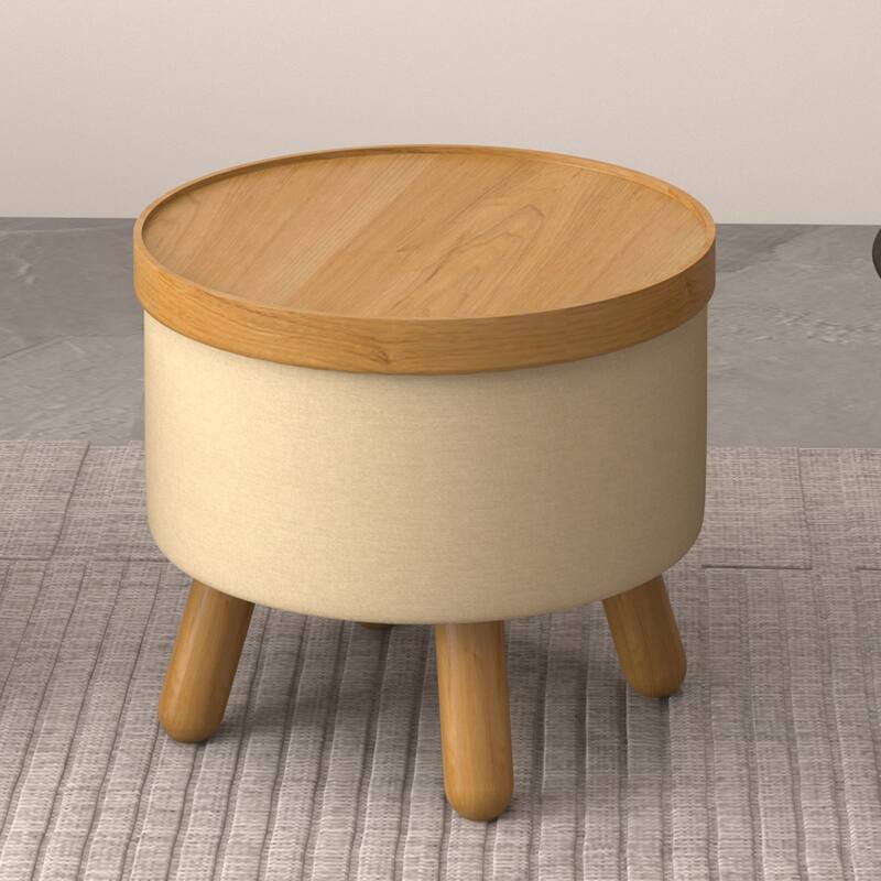 Mid-Century Modern Fabric and Wood Round Storage Ottoman with Tray