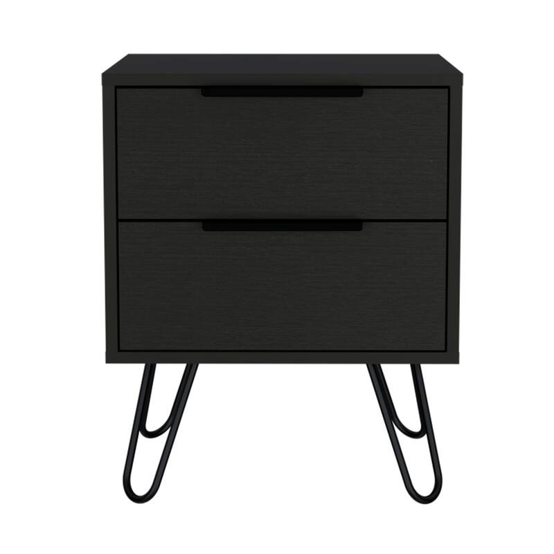 Modern Black Wengue Nightstand, 2 Drawers with Hairpin Legs, Compact and Stylish Design, 13.7"x17.71"x22.44"
