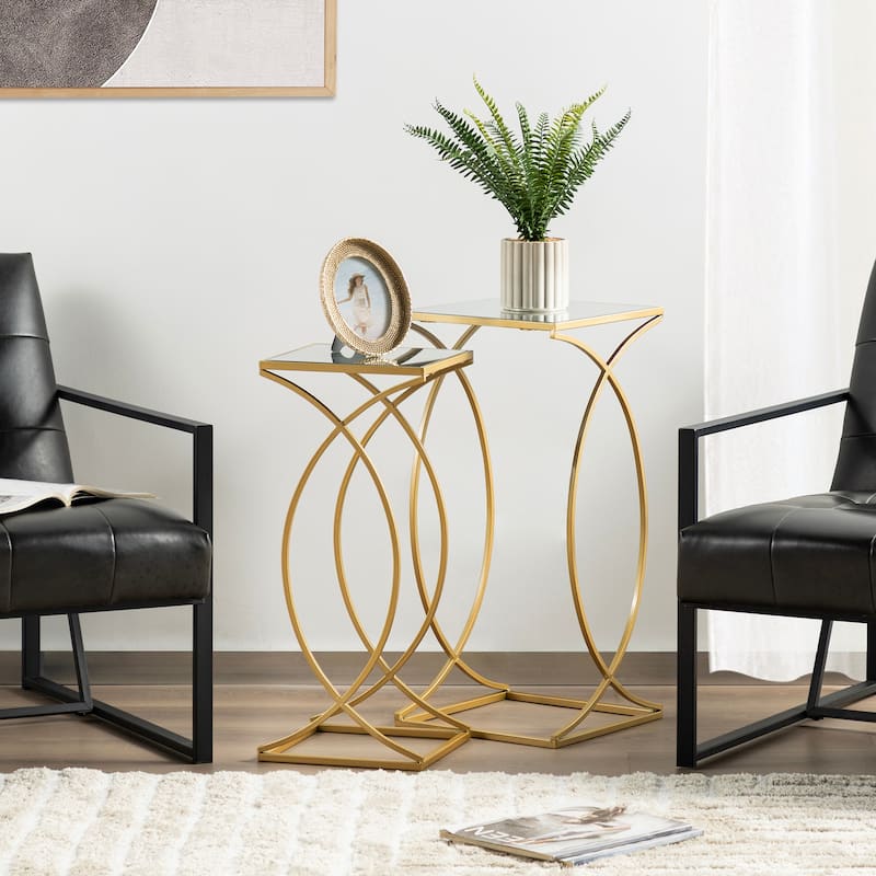 Glitzhome Set of 2 Modern Glam Glass Top Nesting Side Table