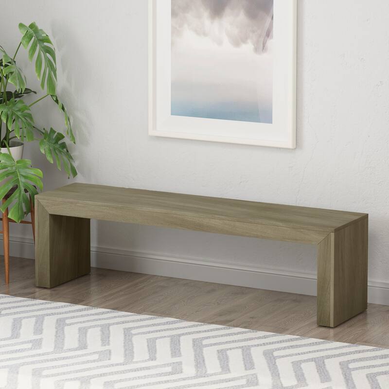 Roomfitters 63 Inch Farmhouse Acacia Wood Dining Bench with Slat Top, Long Entryway Bench - Grey+Taupe