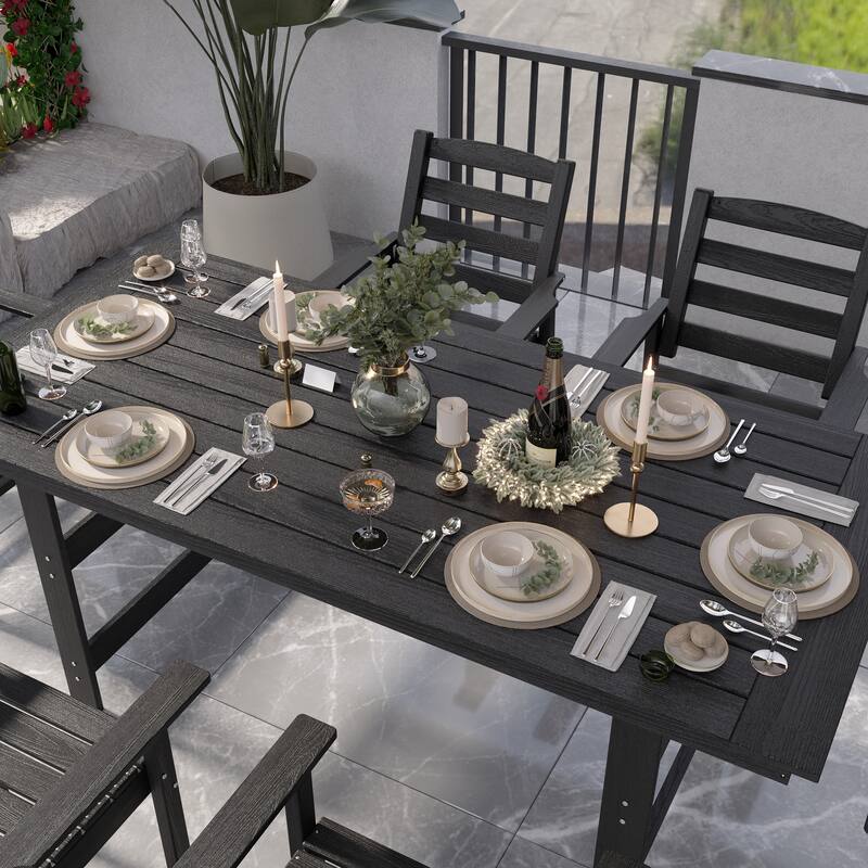Outdoor Dining Table and Chair Set: HDPE Material, Wood - Grain Design