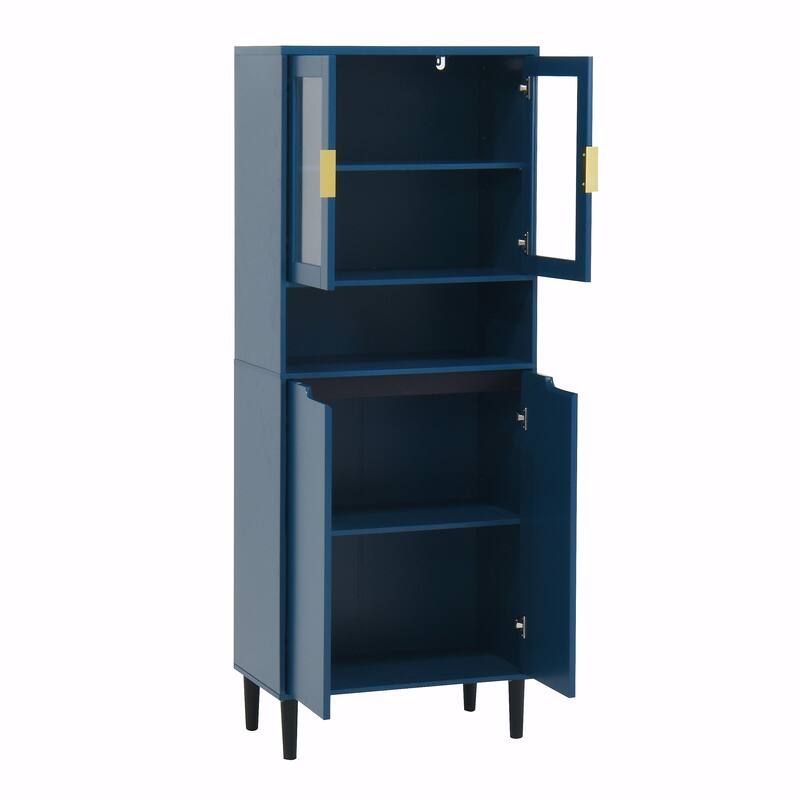 Tall Kitchen Pantry Cabinet with 2 Glass Display Doors & 2 Solid Doors