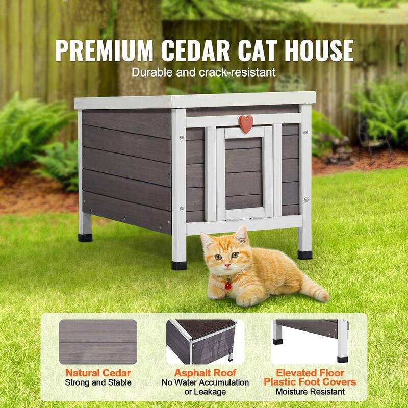 Grey Wooden Outdoor Cat House with Asphalt Openable Roof and Removable PVC Door - 21” x 17’ x 17”