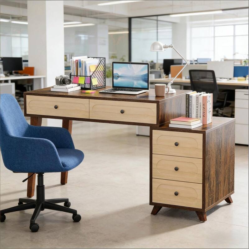 39" Retro Industrial Computer Desk with 5 Drawers, Adjustable Storage, Solid Wood Legs