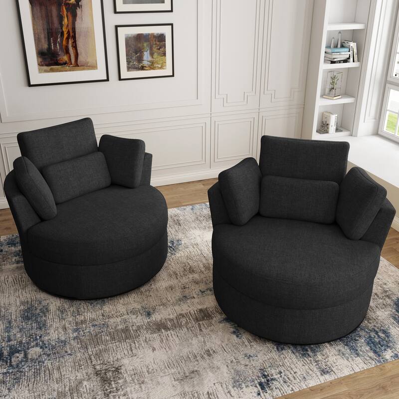 Upholstered Swivel Barrel Armchair with Storage Ottoman (Set of 2) - Chair set - Black Chenille