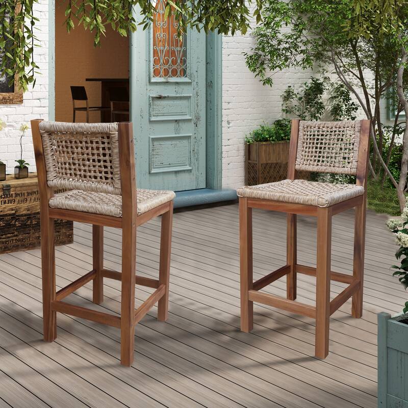 Outdoor Set of Two Stool with Wicker Seats and Back