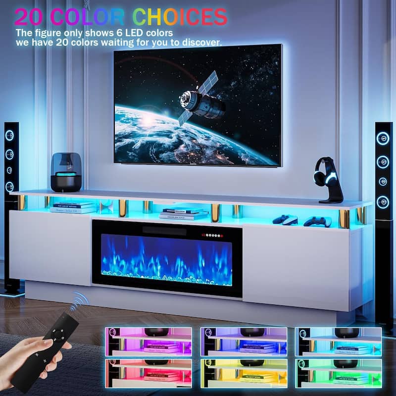 BOSSIN Modern 80" TV Stand with 36" Fireplace & LED Lights for TVs Up to 90", White with Golden Pillars, Storage Cabinets