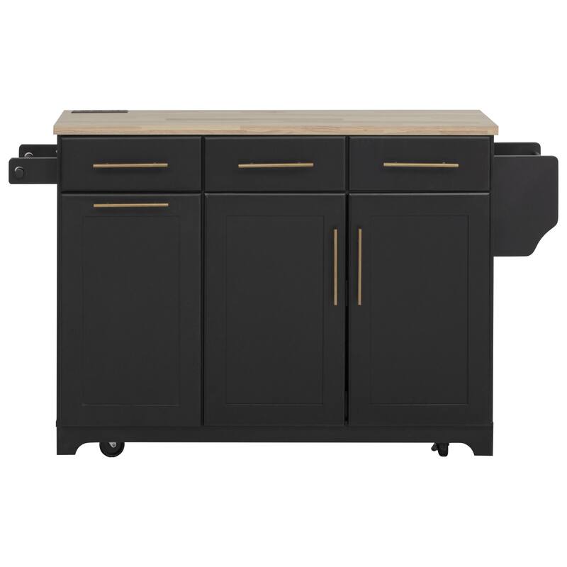 59.3" Rolling Kitchen Island with Storage 2 Pull Out Cabinet Organizers & Rubber Wood Drop Leaf,Trash Can Storage,Power Outlet