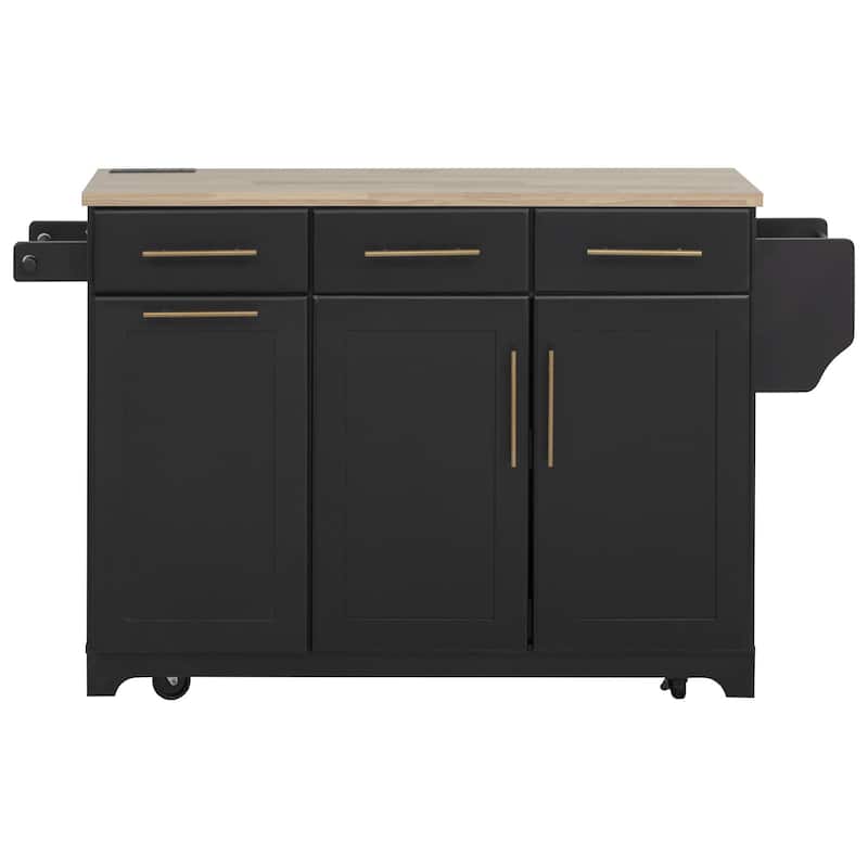 59.3" Rolling Kitchen Island with Storage and Pull-Out Organizers Rubber Wood Drop Leaf Rolling Design for Versatile Use