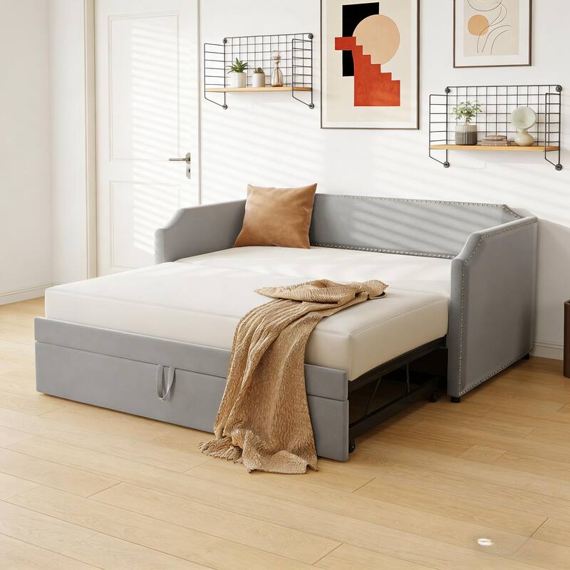 Extendable 2-in-1 Daybed Frame, Space-Saving Twin to King Design,Twin Size Velvet Upholstered Daybed with Pop Up Trundle