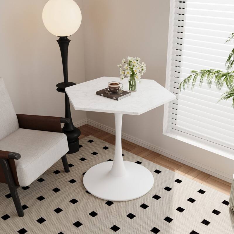 31.5" Modern Hexagonal Coffee Table with White Marble Print & Metal Base