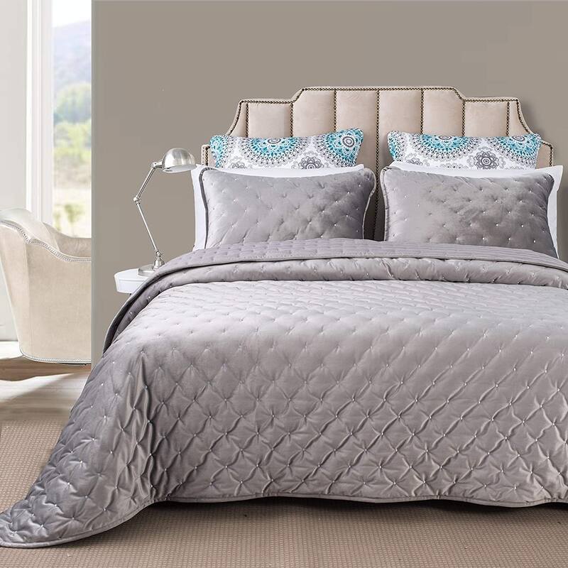 DriftAway 3 Piece Velvet Quilt Set Bedspreads Coverlets Cover Prewashed - Queen - Gray