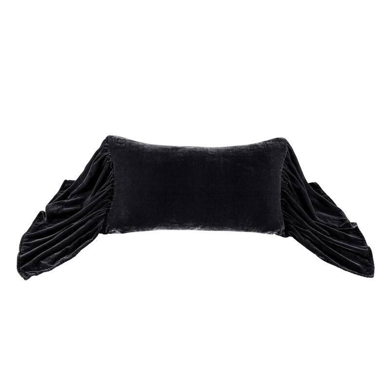 HiEnd Accents Stella Faux Silk Velvet Romantic Western Long Ruffled Decorative Throw Pillow, 14"x26" - Black
