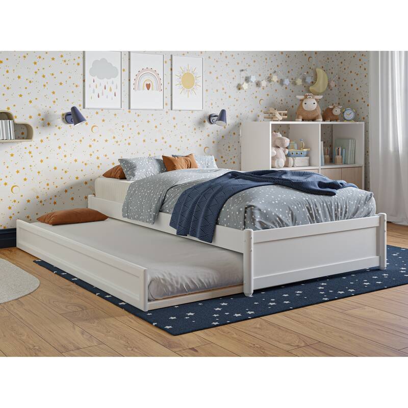 Asian Twin Panel Bed with Trundle - White Platform Bed Frame - Space Saving Design - Hardwood Frame