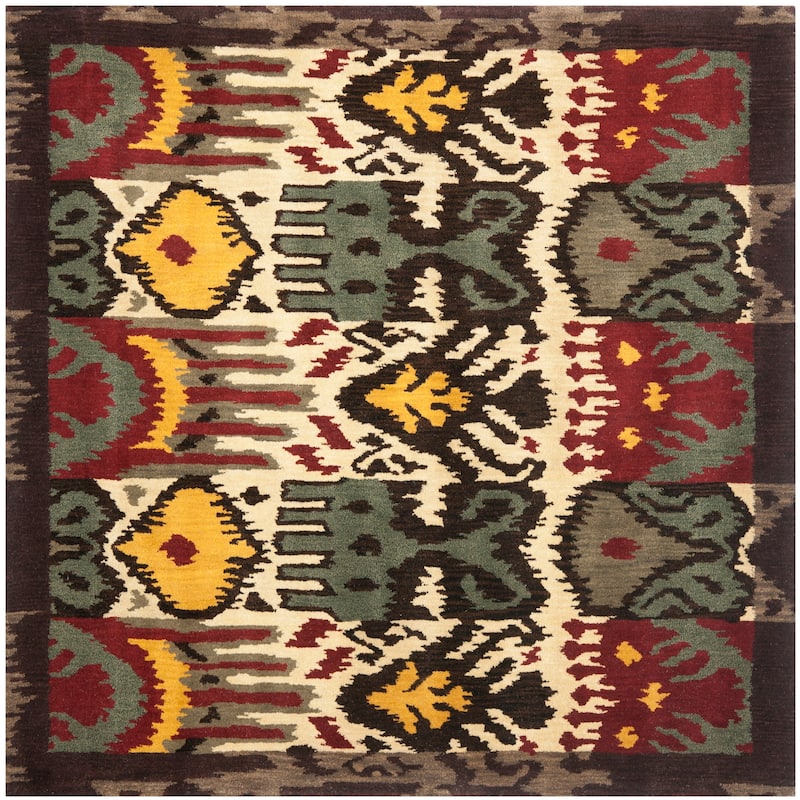 SAFAVIEH Handmade Ikat Gulhayo Modern Wool Rug - 6' Square - Creme/Brown