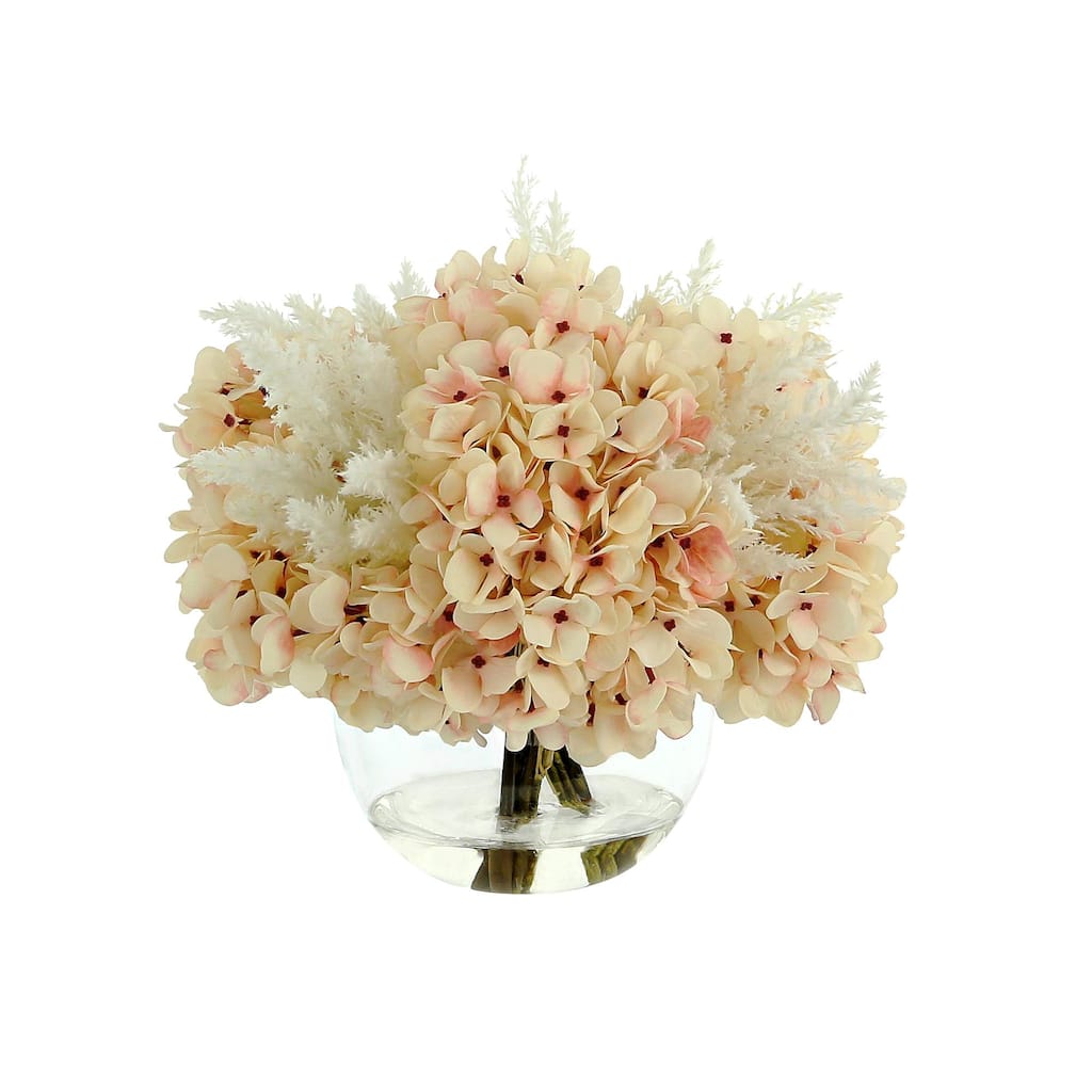 Hydrangea and Pampas Floral Arrangement in Round Glass Vase