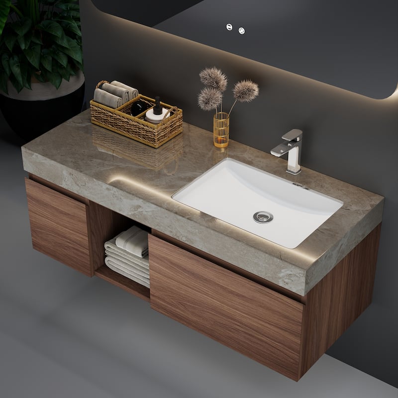 48" Mid Century Single Bathroom faux marble Vanity with Top, Solid Wood, Floating Vanities for Bathroom, Not Assembled Need - Brown Wood