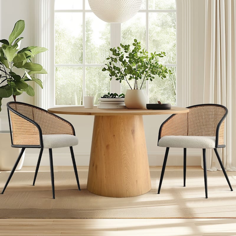 19" Seat Height Rattan Boucle Dining Armchair(Set of 2) - White