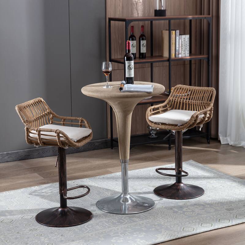 360° Swivel Bar Stools Set of 2, Adjustable Counter Height Chairs with Footrest, Rattan Bar Chairs with Cushions