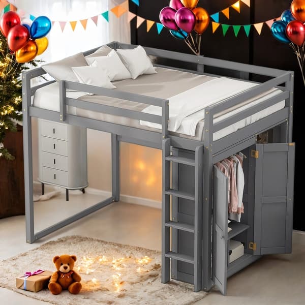 slide 2 of 16, Full Size Wood Loft Bed with Built-in Wardrobe and Led Light,Kids Bed Design Grey