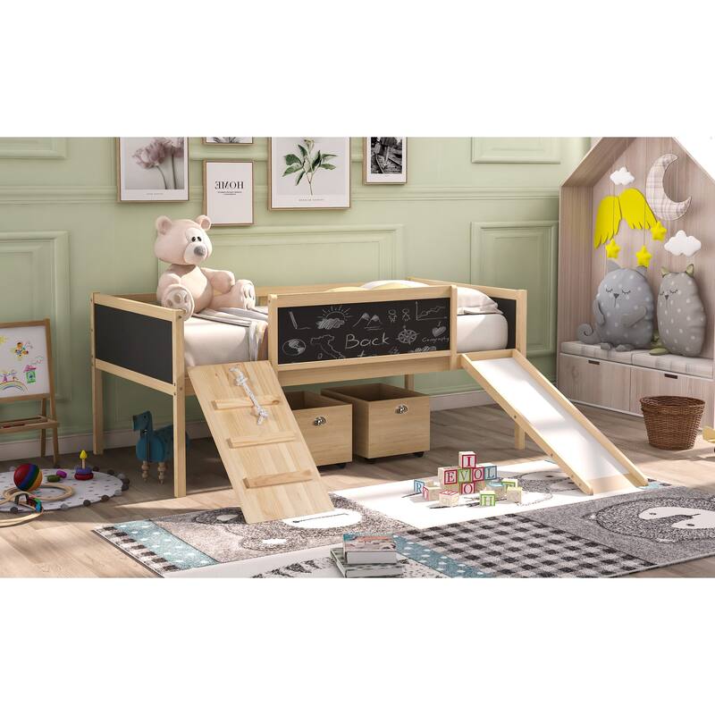Twin Size Loft Bed with Slide, Chalkboard, and Storage Boxes, Wooden Loft Bed for Kids