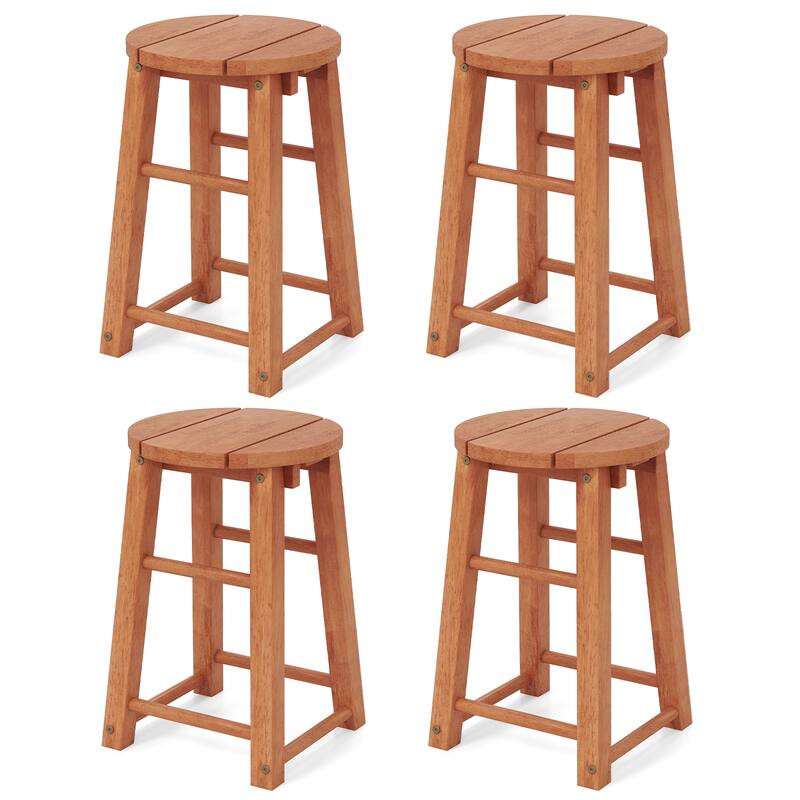Gymax Outdoor Wood Bar Stools Set of 4 w/Round Seat Footrest Patio - Short - Natural - Set of 4