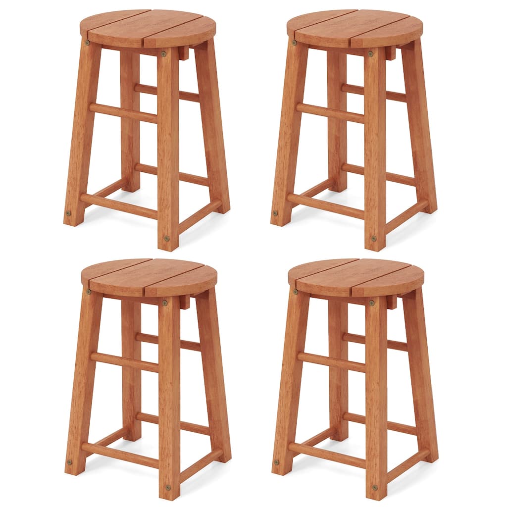 Gymax Outdoor Wood Bar Stools Set of 4 w/Round Seat Footrest Patio