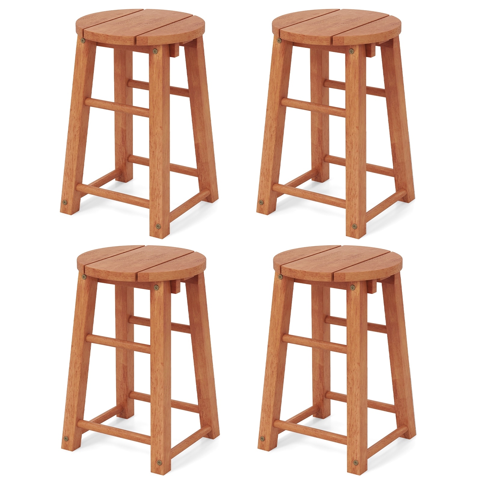 Gymax Outdoor Wood Bar Stools Set of 4 w/Round Seat Footrest Patio