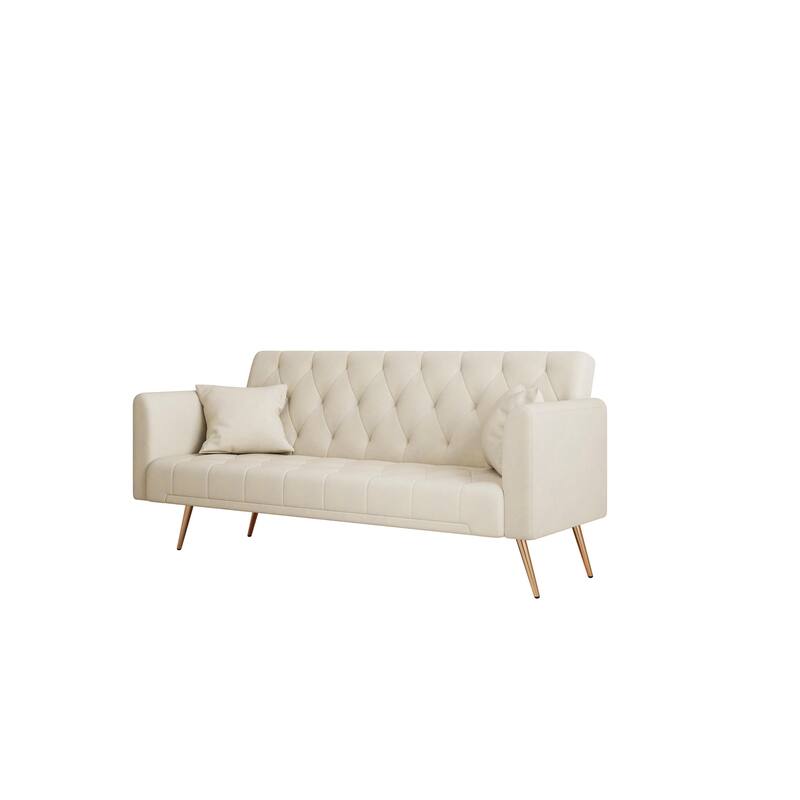 71'' Velvet Upholstered Convertible Folding Sofa Bed: Gold Metal Legs